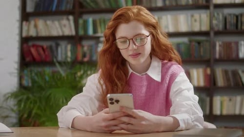 Attractive Student Woman Holding Modern Smartphone Texting Message in Home Office or Library