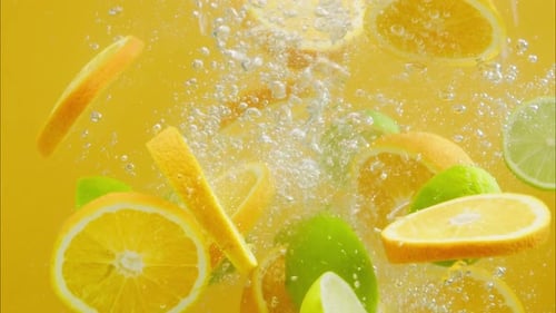 Oranges and Limes Falling Into Liquid