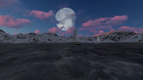 Moonlit Winter Seascape with Yachts and Sailboats