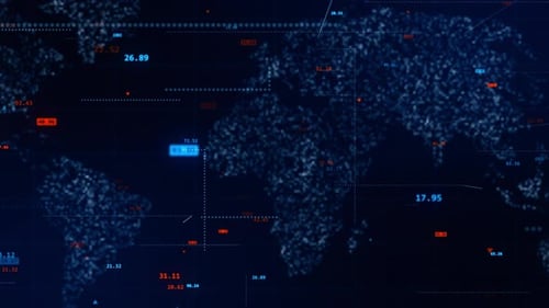 Digital number and dot levitation on futuristic map technology abstract background concept