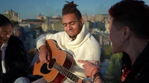 Friends Sing and Play Guitar in the City