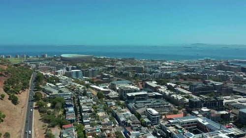 Scenic Aerial Wide Drone Shot Above Central Cape Town South Africa with Scenic View of Harbor and