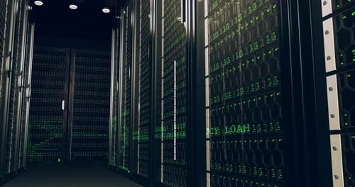 Futuristic Server Room with Scrolling Data and Digital Code