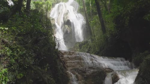 Picturesque Waterfall Flowing in Tropical Green Forest