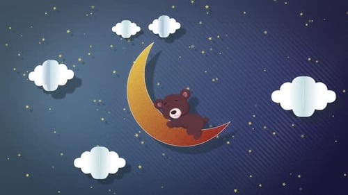 Cute Bear Sleeping on Golden Moon with Twinkling Stars