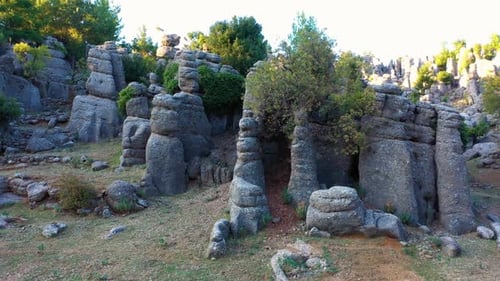 Geological Landscape with Beautiful Rock Formations and Evergreen Trees