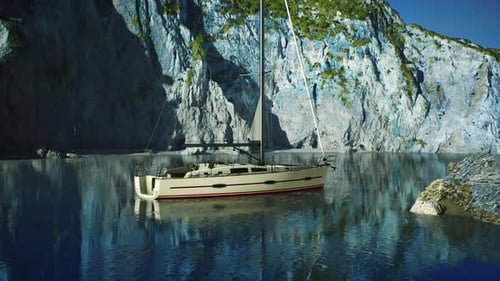 White Yacht Anchored in a Bay with Rocky Cliffs