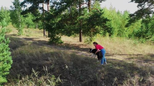 Young Plump Woman and Her Cute Dog Playing Outdoors Together Aerial View