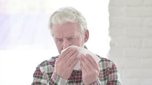 Portrait of Sick Casual Old Man Sneezing