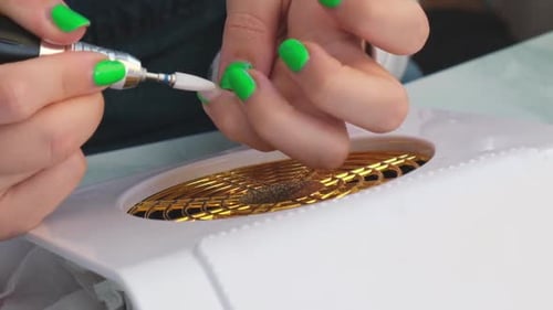 Bright Green Manicure with Electric File at Salon