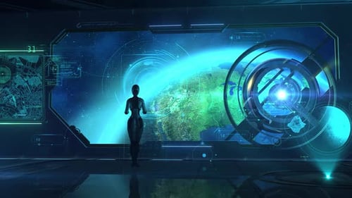 Futuristic Robot Analyzing Holographic Space Data Display