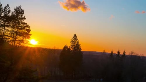 Sunset over the spring forest, time-lapse