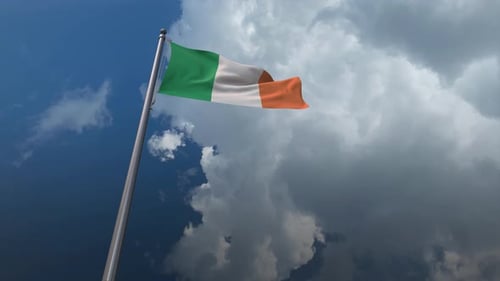 Realistic Irish Flag Waving in Cloudy Sky Background