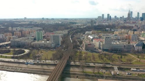 Establishing Aerial Shot of Warsaw Downtown in the Evening