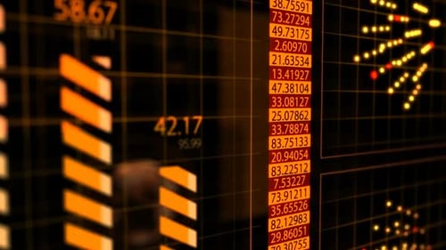 Advanced futuristic graphic interface. Displays abstract diagrams and charts.