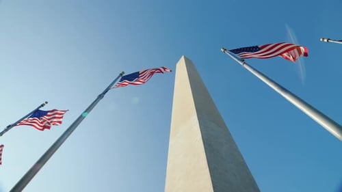 Washington Monument With American Flags on a Sunny Day