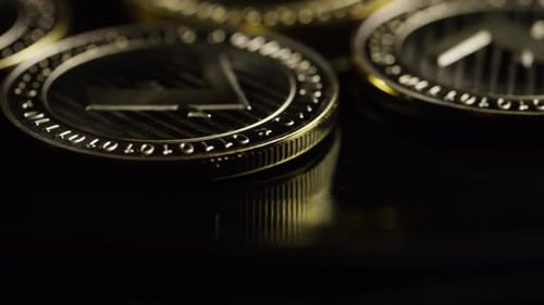 Rotierende Aufnahme von Bitcoins (digitale Kryptowährung) - LITECOIN