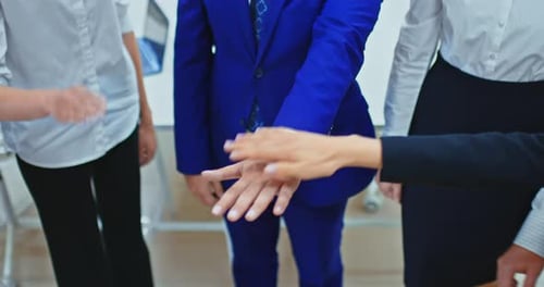 Closeup Group of Businessmen Stands in a Circle and Puts Their Hand on Hand Team Unity