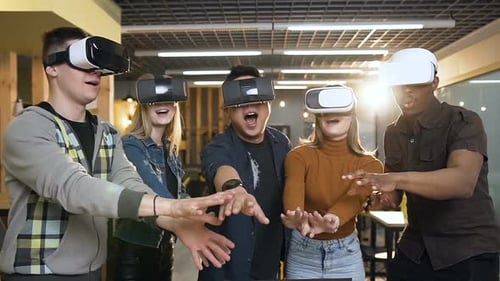 Hipster Team of Business People in VR Virtual Reality Glasses Having Fun