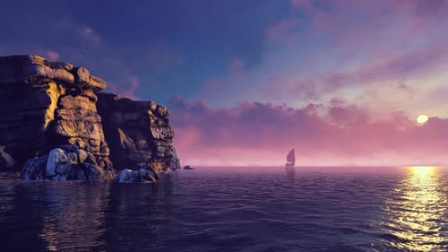 Ship At The Cliff At Sunset