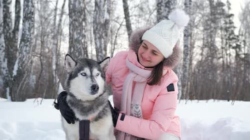 Woman Pets Husky Dog in Snowy Winter Forest