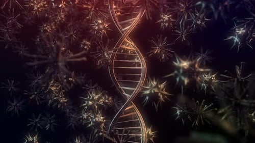 Animated DNA Double Helix with Futuristic Viral Particles Background