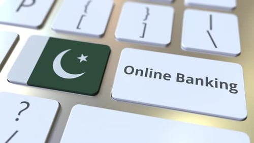 Online Banking Text and Flag of Pakistan on the Keyboard