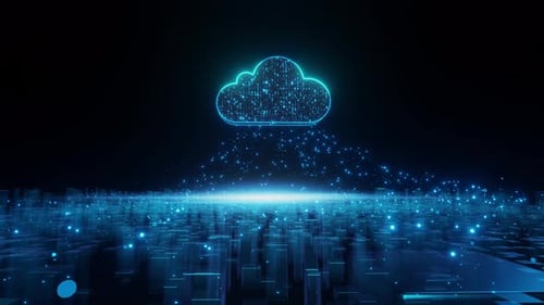 Glowing Cloud Icon on Digital Grid Background Animation