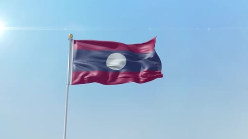 Laos National Flag Waving in Clear Blue Sky Animation