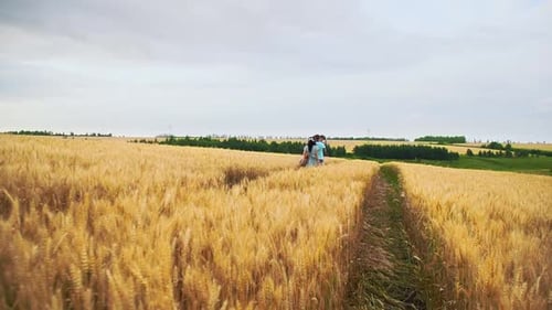 A Family Is Going in a Wheat Field in Slow Motion