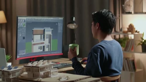 Architect Works on House Design, Sips Coffee