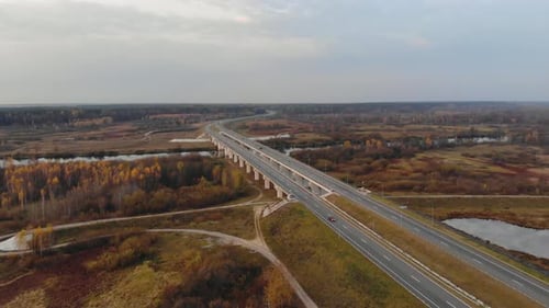 Urban, Autumn Landscape on a Large, Road Bridge Over the River
