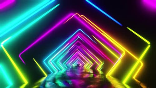 Volant sous des arches peintes de lumière multicolore. Animation en boucle infinie.