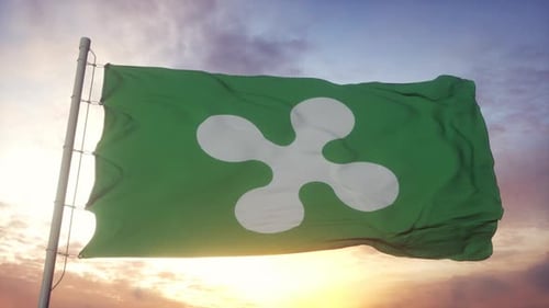 Lombardy Flag Waving Against Beautiful Sunset Sky