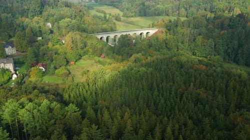 Panoramablick auf die Bogenbrücke oder das historische Aquädukt im Wald zwischen Bäumen