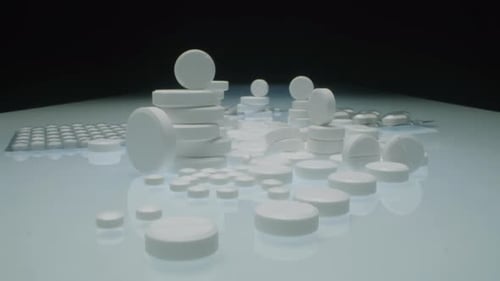 Stapel weißer Tabletten und Blisterpackungen mit Pillen auf dem Tisch