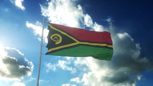 Realistic Waving Flag of Vanuatu against Cloudy Blue Sky