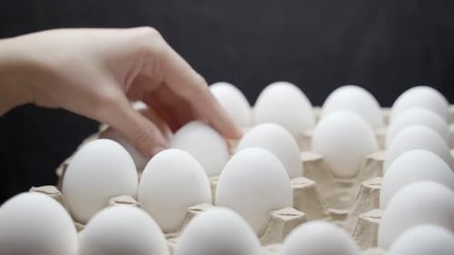 Eggs are stacked in a tray. Crates of fresh eggs at a poultry farm.