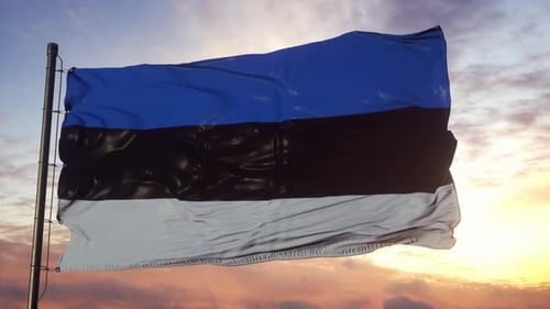Estonian Flag Waving Against Sunset Sky Animation