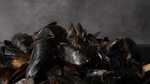 Fresh Steaming Mussels Stirred in a Pot