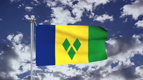 Waving Flag of Saint Vincent and the Grenadines in Sky with Clouds