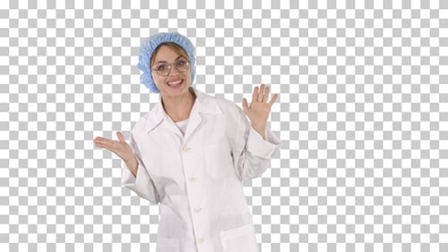 Geek young blonde doctor woman talking to camera, Alpha Channel