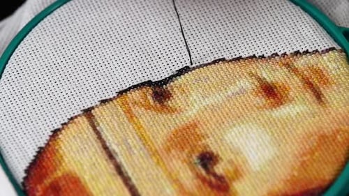 Part of Working Process on a Piece of Beautiful Embroidery, Close Up, Slow Motion