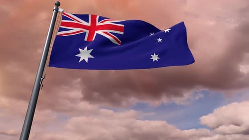 Waving Australian Flag Against a Cloudy Sky in Loopable Animation