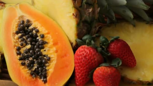 Colorful Tropical Fruit Still Life with Bananas and Strawberries