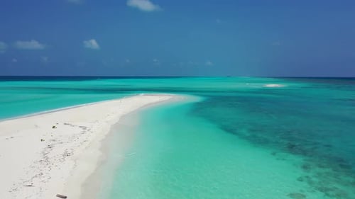 Aerial flying over nature of idyllic sea view beach vacation by blue lagoon with white sand backgrou