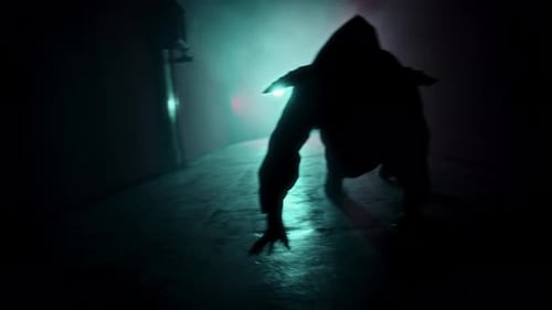 Silhouetted Figure Crawling in Dark, Smoky Environment