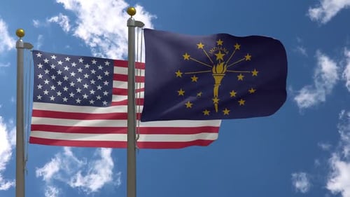 Realistic Waving USA And Indiana State Flags