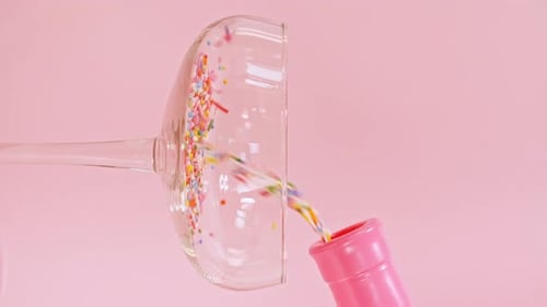 Colorido dulce de confitería vertido en una copa de vino sobre fondo rosa
