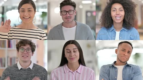 Colagem de pessoas de várias raças falando em videochamada